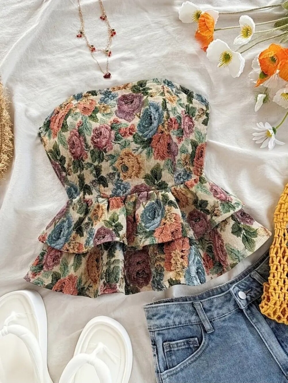 New Vacation Floral Cinched Lettuce Trim Backless Tube Top